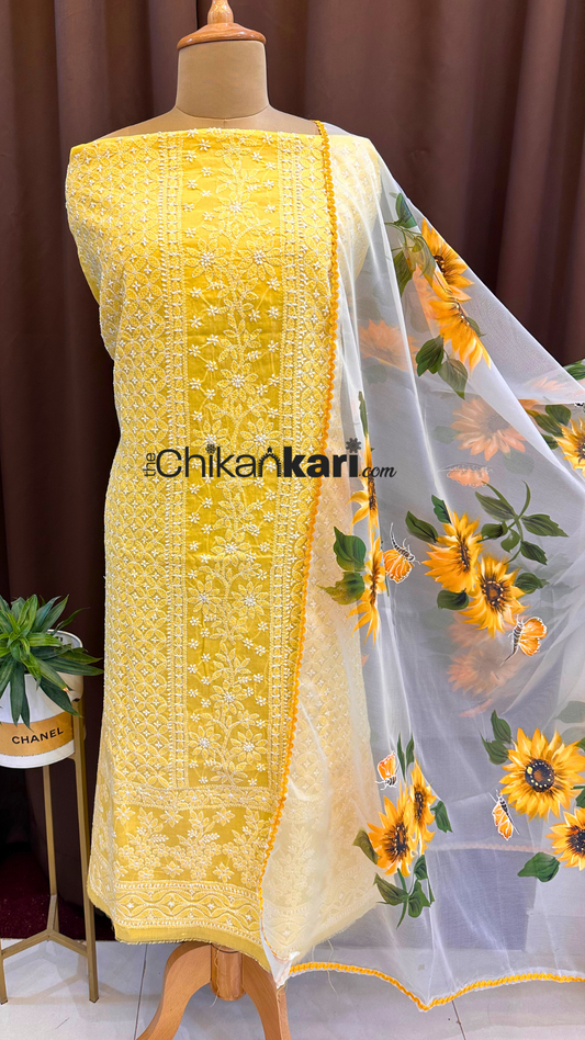 Chikankari Cotton kurta with Hand painted Dupatta